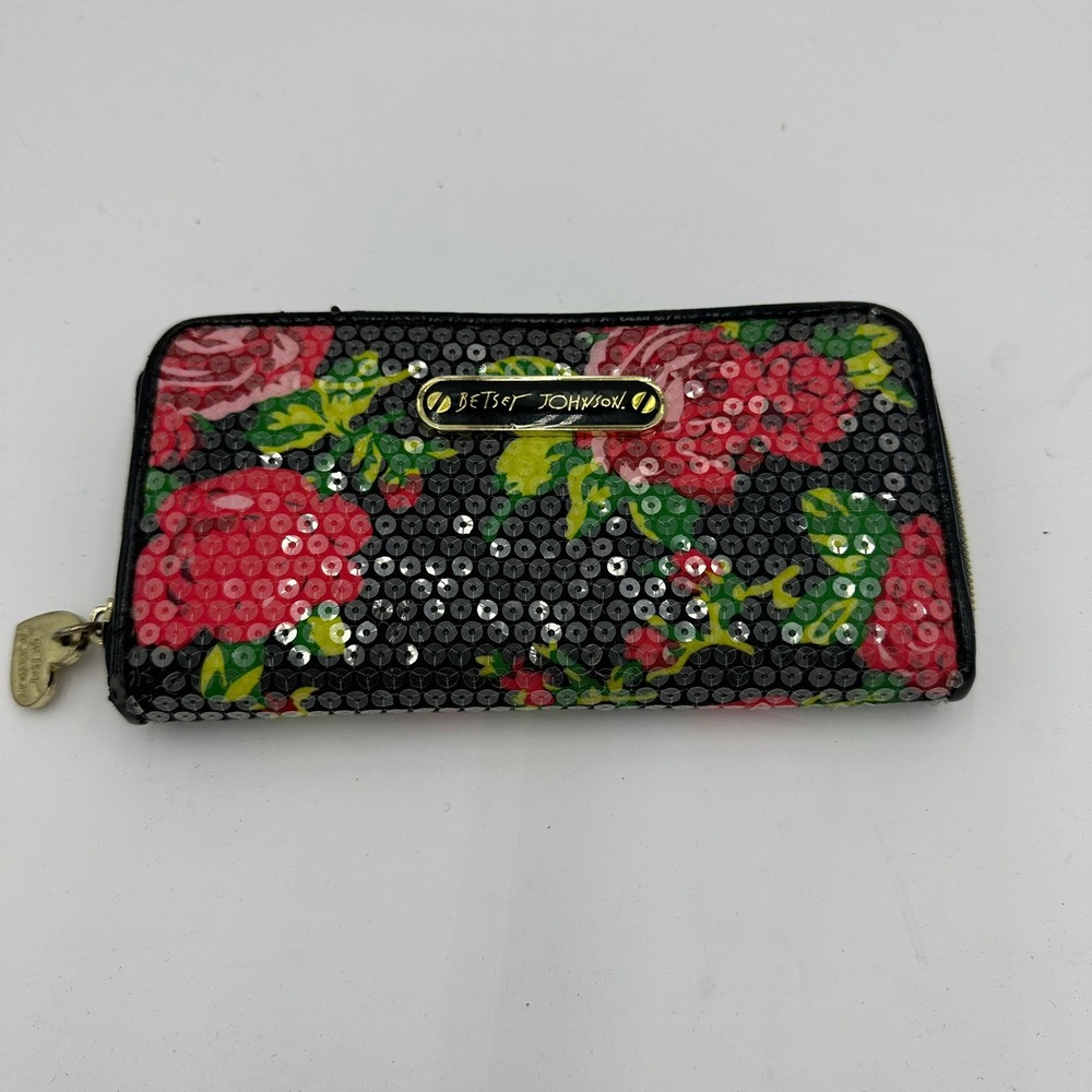 Betsey Johnson Floral Rose Sequin Zip Around Wallet Black Red Gold Heart Pull